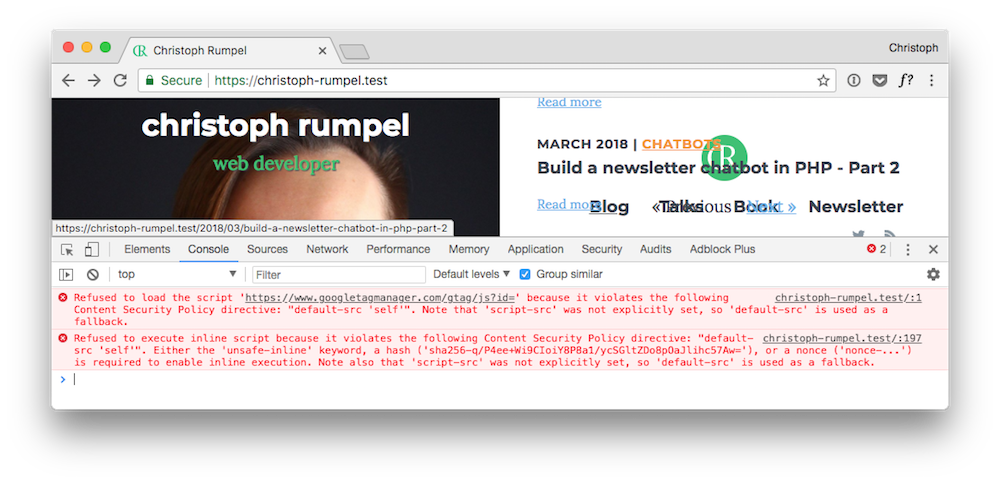 Screenshot showing remianing CSP analytics errors