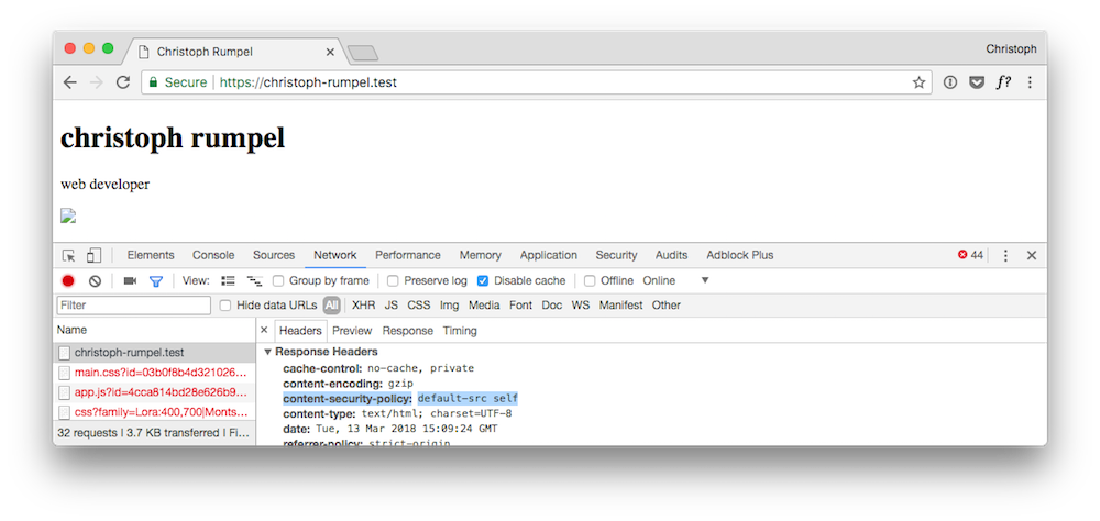Screenshot showing our first CSP response header
