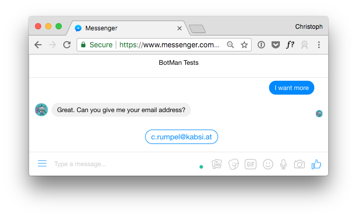 Screenshot showing quick replies with email address