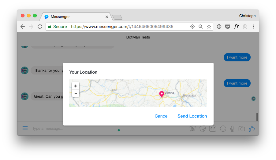 Screenshot showing quick replies with location and a map